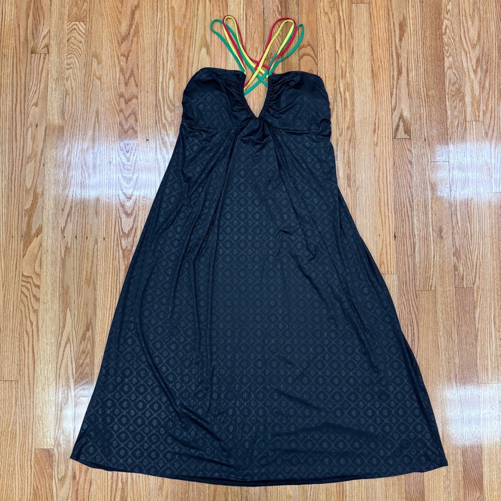 COOGI Y2K Rasta Deep-V Black Crisscross Strappy Back Stretchy Halter Maxi Dress